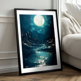 Modern tablou pe pânză cu motivul cer de noapte în negru nuanțe, atmosferă misterioasă, singurătate | Poster de perete s EXTRA efektom - Moonlit Waves – produs