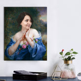 Vintage tablou pe pânză cu motivul femeie, trandafiri, rochie, oameni în bej-albastru nuanțe, atmosferă liniștită, natură și romantism, potrivit pentru birou de lucru – principală