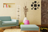 În stil boho tablou pe pânză cu motivul SQUARE, flori, hartă, natură în albastru-roz nuanțe agățat în interiorul sufragerie, atmosferă liniștită – interior
