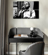 Pop art tablou pe pânză cu motivul The Godfather - Vito Corleone s sticlă škótskej, țigară de foi, sticlă în alb-negru nuanțe, atmosferă melancolică – principală