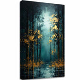Art deco tablou pe pânză cu motivul copaci, pădure, peisaj, natură în albastru-verde nuanțe, natură și mister, potrivit pentru sufragerie | Modern de perete decor Zlatá listová fantázia - PREMIUM ART