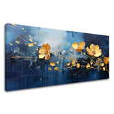 Modern tablou pe pânză cu motivul Modrá oáza radosti, flori, natură în albastru-auriu nuanțe, atmosferă elegantă, natură și eleganță, potrivit pentru sufragerie – principală