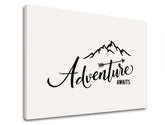 Modern tablou pe pânză cu motivul Adventure awaits, munți, motiv de călătorie, citat motivațional, natură în alb-negru nuanțe, potrivit pentru sufragerie – produs