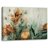 Tablou abstract cu aranjament floral pe pânză, vizualizare 3D a canvasului cu șasiu din lemn vizibil, stil Premium Art de la Papilora.