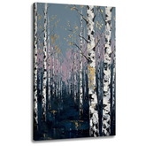 Tablou cu pădure de mesteceni pe pânză — vizualizare 3D a canvasului cu șasiu din lemn vizibil, Papilora Premium Art.