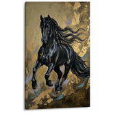 Tablou cu cal negru în galop pe pânză — vizualizare 3D a canvasului cu șasiu din lemn vizibil, stil Premium Art de la Papilora.