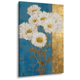 Tablou cu buchet de margarete albe pe pânză, vizualizare 3D a canvasului cu șasiu din lemn, stil Premium Art de la Papilora.