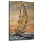 Tablou cu velier pe mare la apus pe pânză canvas, vizualizare 3D a șasiului din lemn, stil Premium Art de la Papilora.