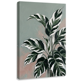 Tablou cu frunze mari de plantă tropicală pe pânză — vizualizare 3D a canvasului cu șasiu din lemn vizibil, Papilora Premium Art.