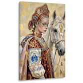 Tablou cu femeie în port tradițional, mască și cal alb, vizualizare 3D a pânzei cu șasiu din lemn vizibil, stil Premium Art de la Papilora.