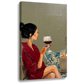 Tablou cu femeie și pahar de vin pe pânză — vizualizare 3D a canvasului cu șasiu din lemn, Papilora Premium Art.