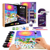 Modern tablou pe pânză cu motivul far, castel, plajă, soare în violet-albastru nuanțe, atmosferă capricioasă, creativitate | OKTO creativă 3D set "Park Guell v Barcelone" 30 x 40 cm – produs
