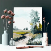 În stil boho tablou pe pânză cu motivul potecă, copaci, câmp, cer, peisaj în alb-maro nuanțe, atmosferă liniștită, natură, potrivit pentru sufragerie – produs