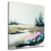 Modern tablou pe pânză cu motivul copaci, câmp, cer, flori, natură în multicolor nuanțe, atmosferă liniștită, natură și atmosferă de primăvară – principală