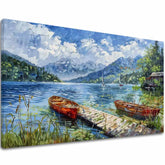 Pop art tablou pe pânză cu motivul Miesto na oddych, lac, munți, motiv pentru copii, animal în alb-albastru nuanțe, atmosferă liniștită, potrivit pentru sufragerie – principală