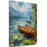 Pop art tablou pe pânză cu motivul Romantika vo dvojici, lac, munți, cer în alb-maro nuanțe, atmosferă liniștită, natură, potrivit pentru sufragerie – principală