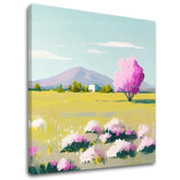 Modern tablou pe pânză cu motivul peisaj, copac, flori, munți, cer în alb-verde nuanțe, atmosferă liniștită, natură și atmosferă de primăvară – principală