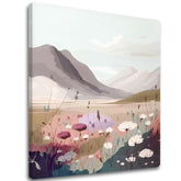 Modern tablou pe pânză cu motivul munți, cer, nori, peisaj, flori în alb-bej nuanțe, atmosferă liniștită, natură și singurătate, potrivit pentru birou de lucru – principală