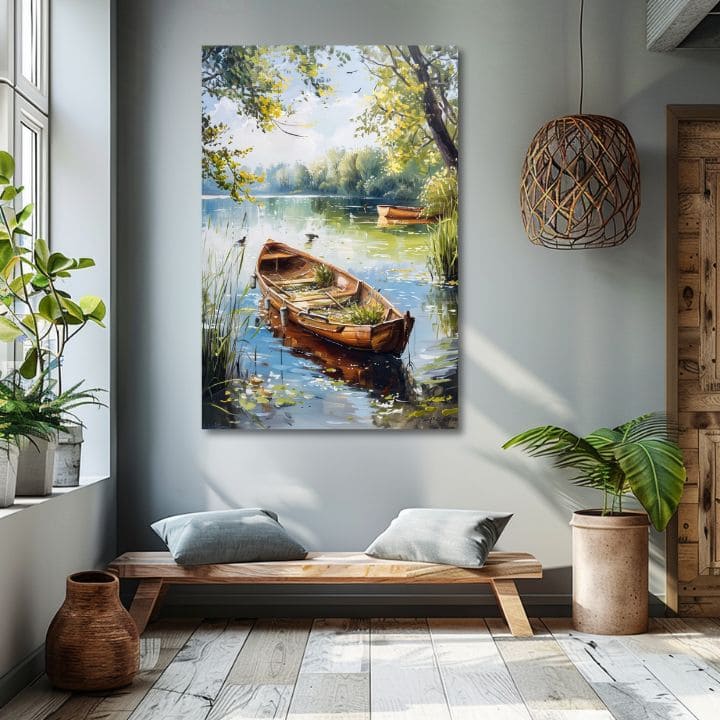 O pânză imprimată cu o barcă pe un lac, în culori predominant verzi și albastre, este expusă într-un interior modern, deasupra unei console din lemn, Papilora.
