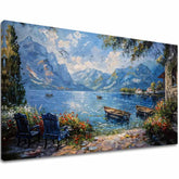 Art deco tablou pe pânză cu motivul Prístav v horách, munți, lac, flori în alb-albastru nuanțe, atmosferă liniștită, natură, potrivit pentru sufragerie – principală