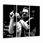 Tablou POP ART pictat manual Big Lebowski 3 părți bl – Vizualizare 3D a tabloului pictat manual pe fundal alb. Culori dominante: negru, alb, gri.