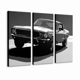 Tablou POP ART pictat manual BULLIT 3 părți bul – Vizualizare 3D a tabloului pictat manual pe fundal alb. Culori dominante: negru, alb, gri.