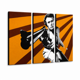 Tablou POP ART pictat manual Clint Eastwood 3 parte ce – Vizualizare 3D a tabloului pictat manual pe fundal alb. Culori dominante: portocaliu, maro, negru.