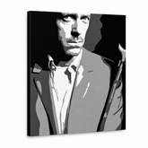 Tablou POP ART pictat manual Dr. HOUSE 1 bucată dh2 – Vizualizare 3D a tabloului pictat manual pe fundal alb. Culori dominante: negru, alb, gri.