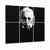 Tablou POP ART pictat manual Einstein 6 părți einstein – Vizualizare 3D a tabloului pictat manual pe fundal alb. Culori dominante: negru, alb, gri.