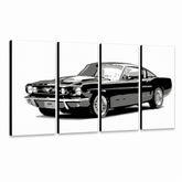 Tablou POP ART pictat manual Ford Mustang 4 piese fm – Vizualizare 3D a tabloului pictat manual pe fundal alb. Culori dominante: negru, gri, alb.