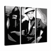 Tablou POP ART pictat manual Frank Sinatra 3 bucăți sin – Vizualizare 3D a tabloului pictat manual pe fundal alb. Culori dominante: negru, alb, gri.