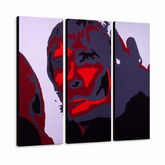 Tablou POP ART pictat manual Ian Brown 3 bucata ib – Vizualizare 3D a tabloului pictat manual pe fundal alb. Culori dominante: negru, roșu, gri.