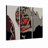 Tablou POP ART pictat manual Ian Brown 3 bucăți ibb – Vizualizare 3D a tabloului pictat manual pe fundal alb. Culori dominante: negru, roșu, gri, maro, alb.