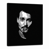 Tablou POP ART pictat manual Johnny Depp1 parte jd2 – Vizualizare 3D a tabloului pictat manual pe fundal alb. Culori dominante: negru, alb, gri.