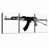 Tablou POP ART pictat manual Kalashnikov 3 părți ka – Vizualizare 3D a tabloului pictat manual pe fundal alb. Culori dominante: negru, gri, alb.