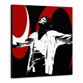 Tablou POP ART pictat manual Michael Jackson 1 parte mj1 – Vizualizare 3D a tabloului pictat manual pe fundal alb. Culori dominante: negru, roșu, alb.