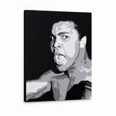 Tablou POP ART pictat manual Muhamad Ali 1 bucată ali – Vizualizare 3D a tabloului pictat manual pe fundal alb. Culori dominante: negru, gri, alb.