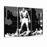 Tablou POP ART pictat manual Muhamad Ali 3 bucăți ali2 – Vizualizare 3D a tabloului pictat manual pe fundal alb. Culori dominante: negru, alb, gri.