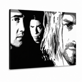 Tablou POP ART pictat manual Nirvana 1 bucată nir – Vizualizare 3D a tabloului pictat manual pe fundal alb. Culori dominante: negru, alb, gri.