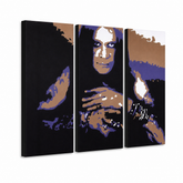 Tablou POP ART pictat manual Ozzy Osbourne 3 bucăți Ozz – Vizualizare 3D a tabloului pictat manual pe fundal alb. Culori dominante: negru, mov, maro, alb, albastru.