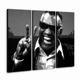 Tablou POP ART pictat manual Ray Charles 3 piese rc – Vizualizare 3D a tabloului pictat manual pe fundal alb. Culori dominante: negru, alb, gri.