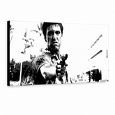 Tablou POP ART pictat manual Scarface 1 parte smp – Vizualizare 3D a tabloului pictat manual pe fundal alb. Culori dominante: negru, alb, gri.