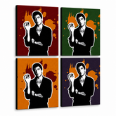 Tablou POP ART pictat manual Scarface - AL PACINO 4 piese al36 – Vizualizare 3D a tabloului pictat manual pe fundal alb. Culori dominante: negru, portocaliu, roșu, verde, mov.