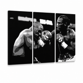 Tablou POP ART pictat manual Tyson vs. Lewis 3 buc cutie – Vizualizare 3D a tabloului pictat manual pe fundal alb. Culori dominante: negru, alb, gri.