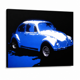 Tablou POP ART pictat manual Volkswagen Beetle 1 parte k – Vizualizare 3D a tabloului pictat manual pe fundal alb. Culori dominante: albastru, alb, negru.