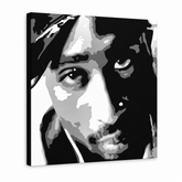 Tablou POP ART pictat manual 2 PAC 1 bucată 2pac – Vizualizare 3D a tabloului pictat manual pe fundal alb. Culori dominante: negru, alb, gri.