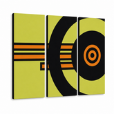 Tablou POP ART pictat manual ABSTRACT 3 părți abstr1 – Vizualizare 3D a tabloului pictat manual pe fundal alb. Culori dominante: galben, negru, portocaliu.