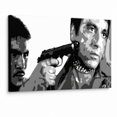 O pictură pe pânză, alb-negru, înfățișând o scenă dramatică cu un pistol îndreptat spre capul unui bărbat, cu un alt bărbat în fundal, Papilora.