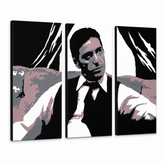 Tablou POP ART pictat manual AL PACINO 3 bucăți al11 – Vizualizare 3D a tabloului pictat manual pe fundal alb. Culori dominante: negru, gri, roz, alb, maro.