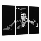 Tablou POP ART pictat manual AL PACINO 3 piese al16 – Vizualizare 3D a tabloului pictat manual pe fundal alb. Culori dominante: negru, gri, alb.